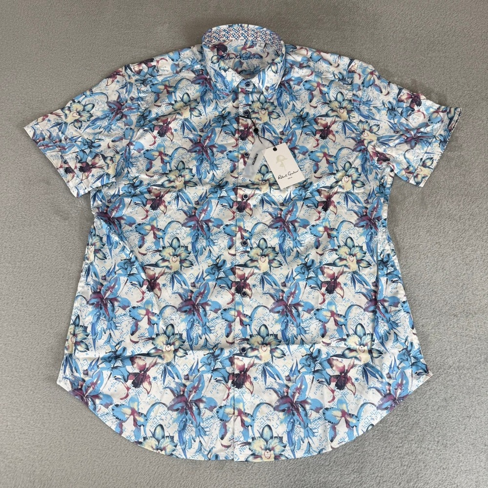 Robert Graham Durkin Button-Up Shirt Mens Large Blue Floral Stretch $188 New NWT
